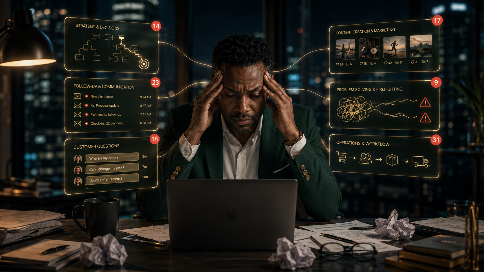 Business owner overwhelmed by strategy, follow-up, and customer questions
