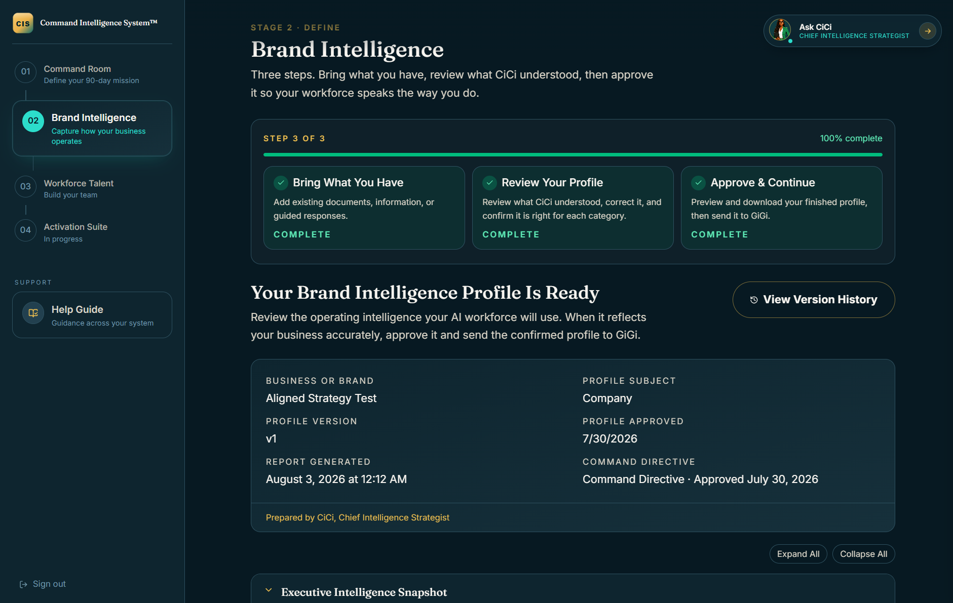 Your Brand Intelligence Profile — the source of truth.
