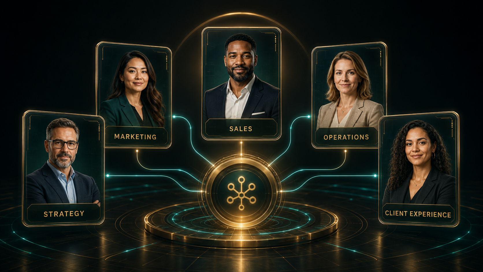 Five-Agent AI Workforce command center with specialists across strategy, marketing, sales, operations, and client experience