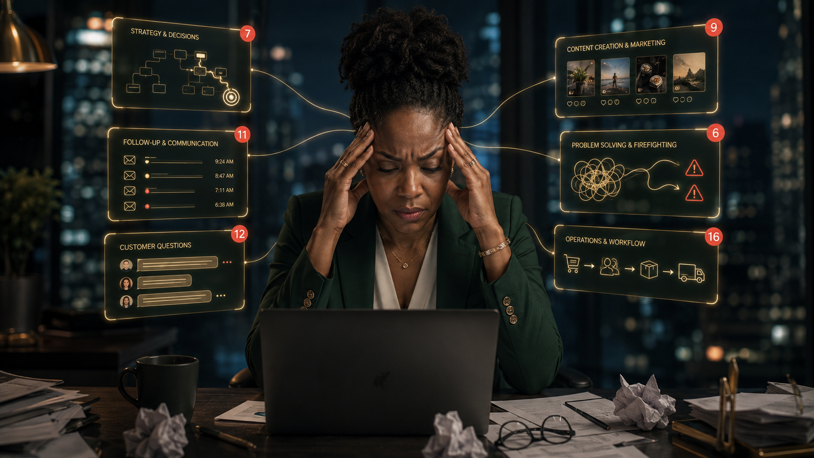 Business owner juggling content, operations, and problem solving alone
