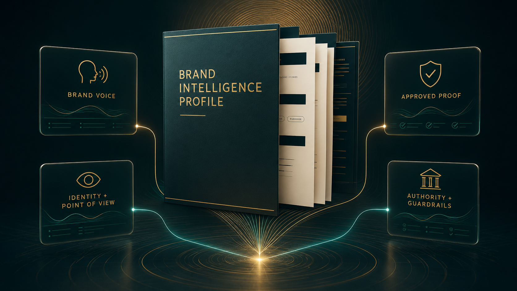 Brand Intelligence Profile report showing brand voice, identity, approved proof, and authority guardrails