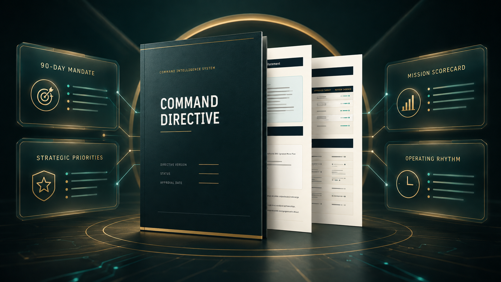 Command Directive report showing 90-day mandate, strategic priorities, mission scorecard, and operating rhythm
